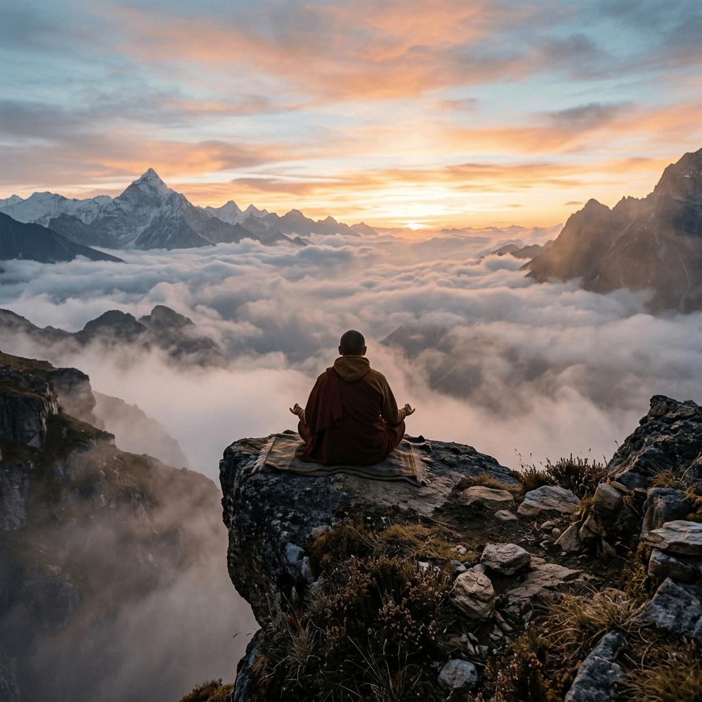 Person meditating on a rock ledge overlooking mountains and clouds at sunrise