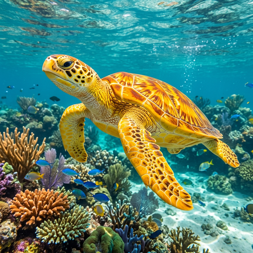 Sea turtle swimming above a coral reef with colorful fish