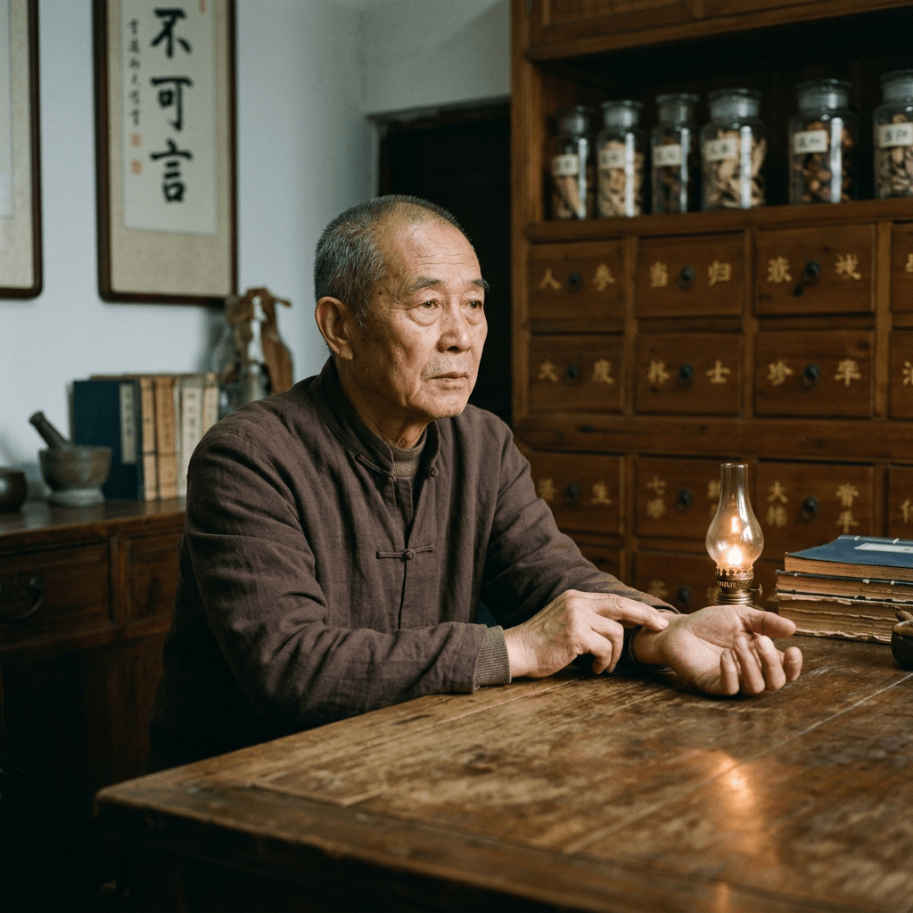 Elderly man checking pulse for traditional Chinese medicine diagnosis