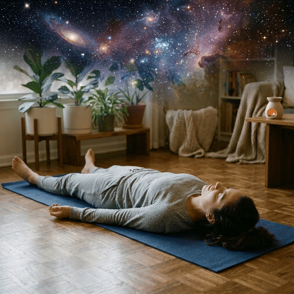Person lying on back on yoga mat with eyes closed in a calm room