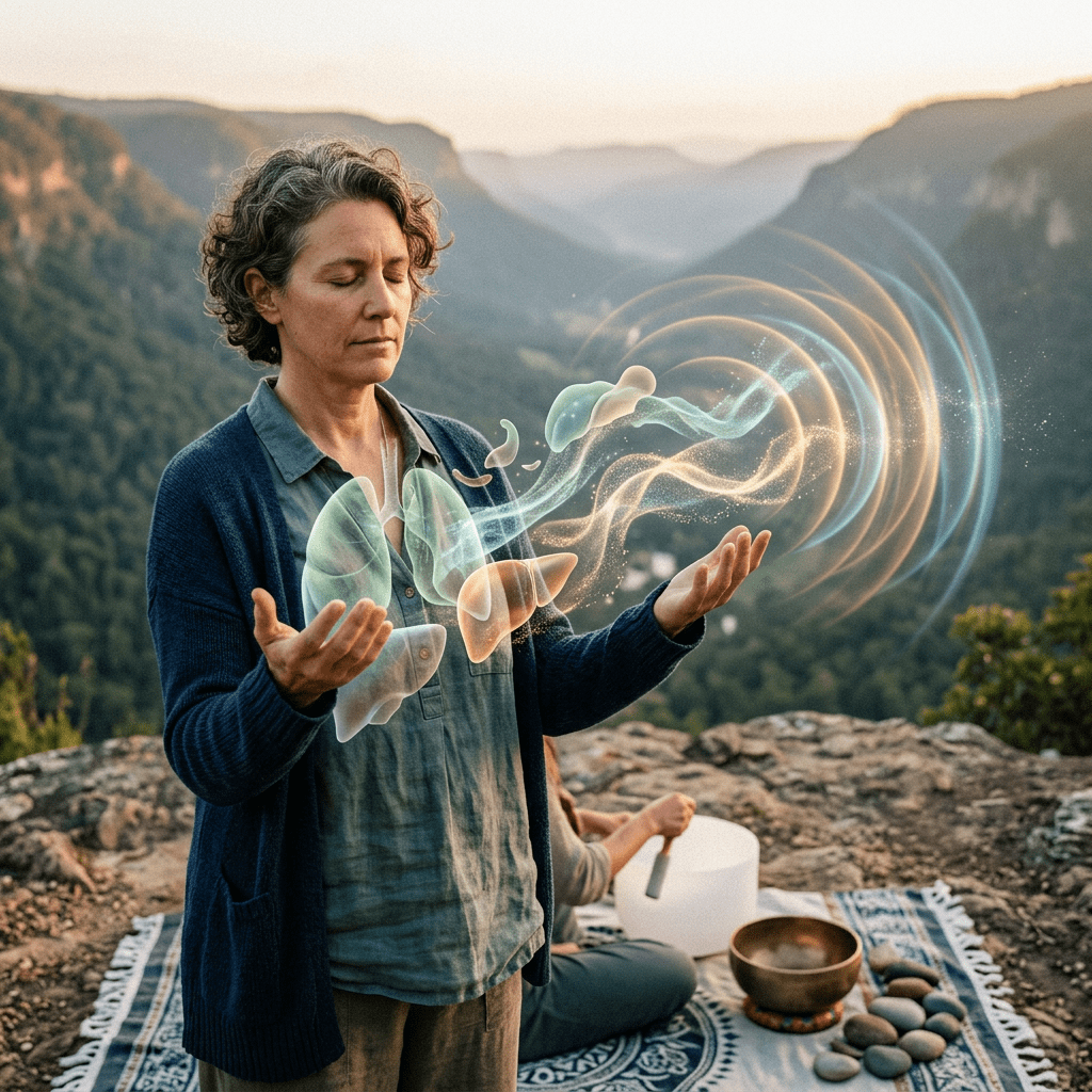 Woman meditating with digital lungs and airflow illustration over hands outdoors
