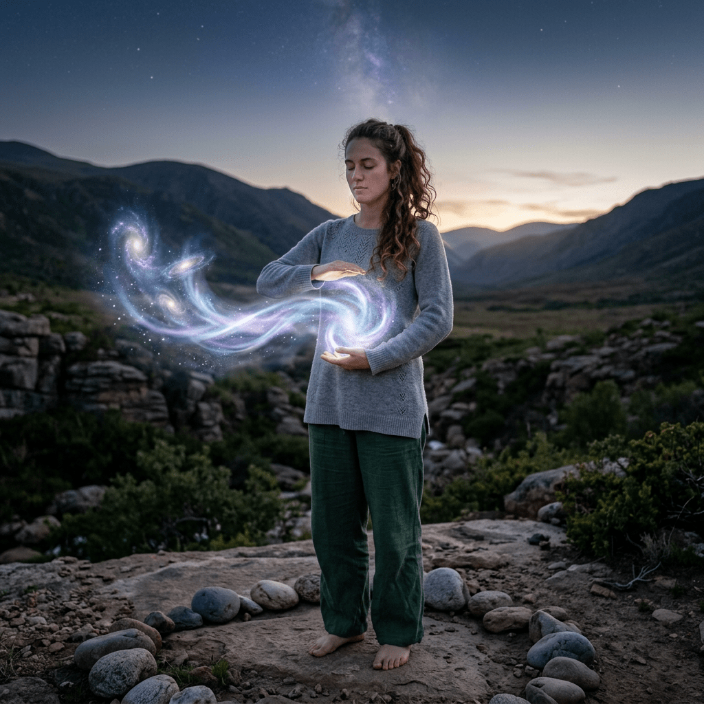 Woman standing barefoot on a rocky surface in a circle of stones, holding glowing, swirling galaxies of light between her hands.
