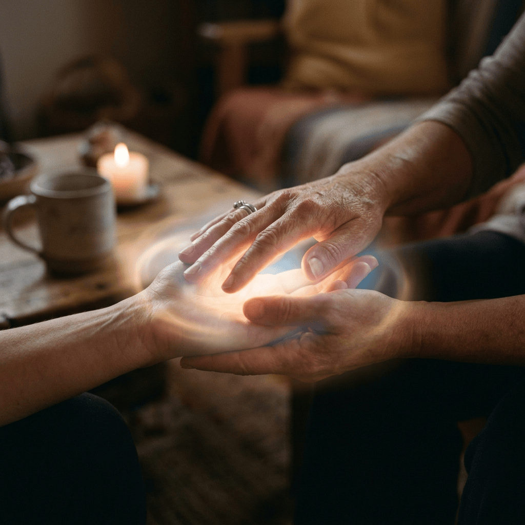 healing touch between two hands glowing light