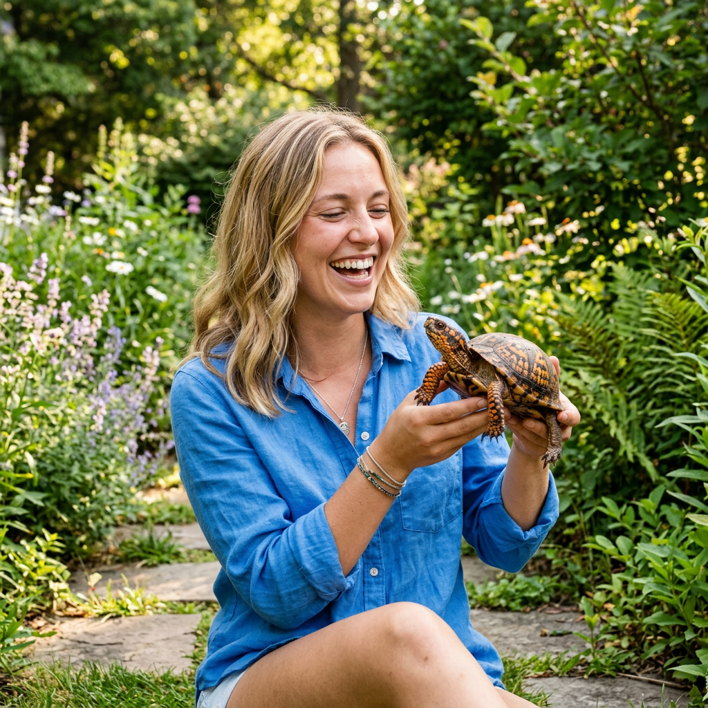 Smiling woman holding a tortoise in a lush garden